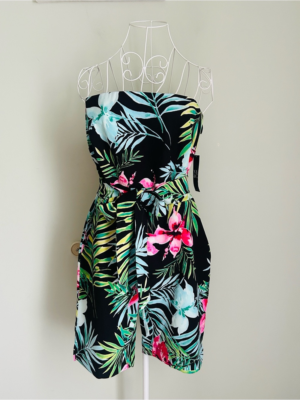 New York & Company Black Strapless Tropical Floral Romper with Pink & Green